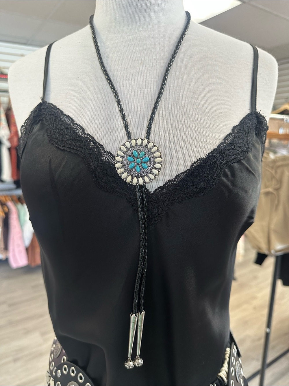Turquoise Concho Bolo Faux Leather Tie Western Necklace